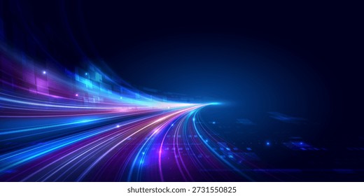 Abstractas fondo de tecnología digital futurista con rastros de luz de velocidad brillante y flujo de datos sobre fondo azul oscuro. Espacio de copia adecuado para Anuncio, presentación, Sitio web, innovación, IA, red y concepto de transformación digital. Ilustración vectorial