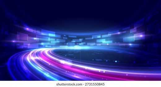 Abstract futuristic digital technology background vector illustration featuring glowing light trails and dynamic data flow in cyber space, suitable for ai, big data, innovation, fintech, and modern technology design. vector eps10.

