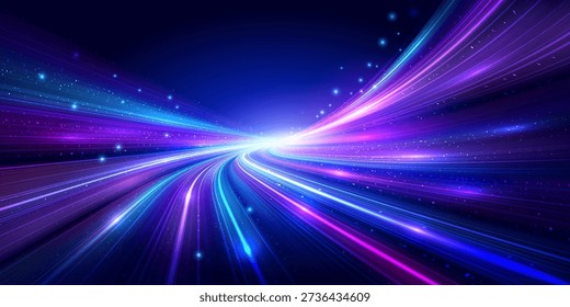 Abstract futuristic digital technology background vector with glowing light trails and dynamic data flow, featuring left copy space for ai, big data, fintech, innovation, website header, and modern technology design. vector eps10.