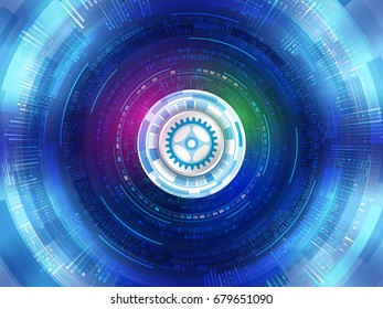 Abstract futuristic digital technology background. Digital communication concept. Vector illustration with gear, binary code and engineering elements.