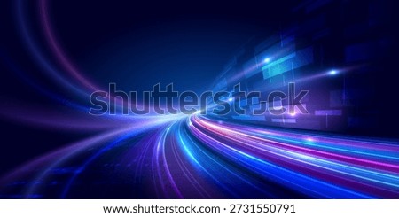 Abstract futuristic digital technology background vector illustration featuring glowing light trails and dynamic data flow with left copy space for text in cyber space, suitable for ai, big data, fintech, innovation, website header, and modern technology design. vector eps10.
