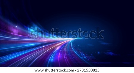 Abstract futuristic digital technology background with glowing speed light trails and data flow on dark blue background. Right copy space for banner, presentation, website, innovation, ai, network, and digital transformation concept. vector illustration