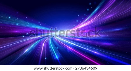 Abstract futuristic digital technology background vector with glowing light trails and dynamic data flow, featuring left copy space for ai, big data, fintech, innovation, website header, and modern technology design. vector eps10.