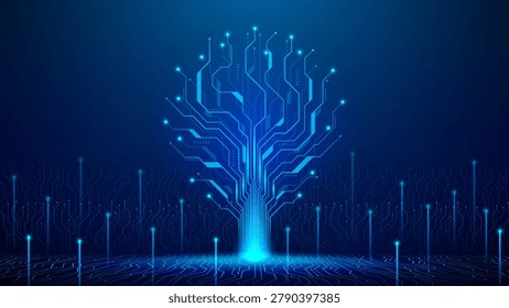 Abstract futuristic digital tree concept. Vector illustration with circuit lines forming data tree. Hi-tech glowing technology tree. Concept of big data visualization, artificial intelligence.
