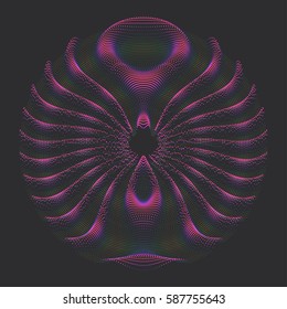 Abstract futuristic dotted diagram, interface element. Halftone parametric vector pattern made of circular dots. Distorted wavy shape texture. Ring composed of concentric circles with moire effect. 