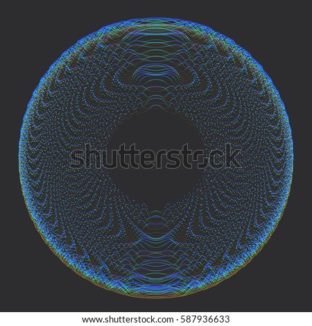 Abstract futuristic dotted diagram, interface element. Halftone parametric vector pattern made of circular dots. Distorted wavy shape texture. Ring composed of concentric circles with moire effect.