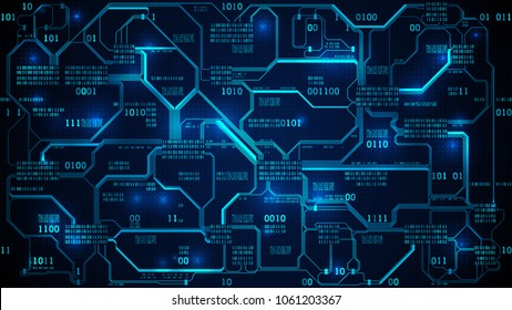 Abstract futuristic electronic circuit board with binary code, neural network and big data - an element of artificial intelligence, matrix background with digits, well organized layers