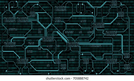 Abstract futuristic electronic circuit board with binary code, computer digital technology background, well organized layers