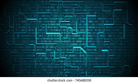 Abstract futuristic electronic circuit board with binary code, matrix background with digits, well organized layers