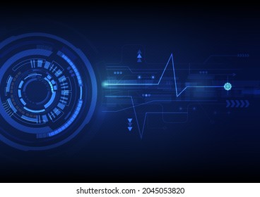 Abstract futuristic eyeball and line on circuit board. Hi-tech digital technology communication concept. Dark blue color background.
Vector illustration. 