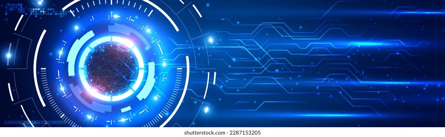 Abstract futuristic eyeball on circuit board, high computer technology. UI HUD screen tech system innovation concept background. Hi-tech Digital and security, data connection, digital business. Vector