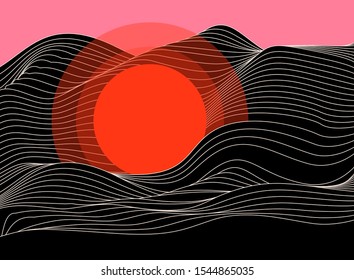 Abstract futuristic fantasy background with sun over black ocean, surreal landscape.