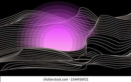 Abstract futuristic fantasy background with sun over black ocean. Surreal landscape in synthwave style.