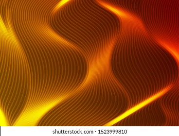 Abstract futuristic fiery orange neon wavy lines graphic design. Curved 3d flowing waves tech background. Vector illustration