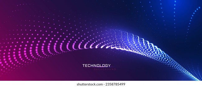 Abstract futuristic flowing dotted line digital technology background. 3D Wave moving dots flow particles, hi-tech and big data technology. Sound wave music point visualization. Techno. Vector EPS10.