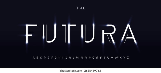 Fonte futurista abstrata, alfabeto digital neon brilho, tecno delgado typescript para a interface AI, manchete logotipo sci-fi, marca de tecnologia de ciência cyberpunk, tipografia hi-tech mínima. Tipo de vetor.