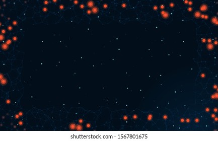 Abstract futuristic frame on the technology of molecules with dots and lines on a  dark blue background with some. With several orange luminous elements. Digital Technology Concept Vector Design