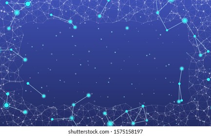 Abstract futuristic frame on the technology of light blue molecules with dots and lines on a  indigo background. In the foreground are large shining figures