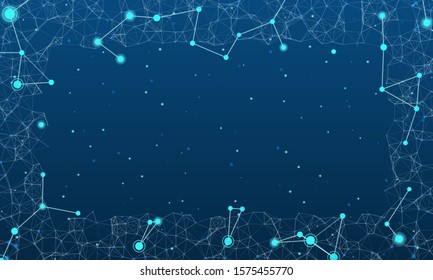Abstract futuristic frame on the technology of light blue molecules with dots and lines on a  blue background. In the foreground are large shining figures
