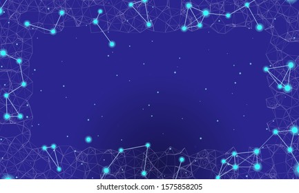 Abstract futuristic frame on the technology of light blue molecules with dots and lines on a  dark blue background. In the foreground are large shining figures