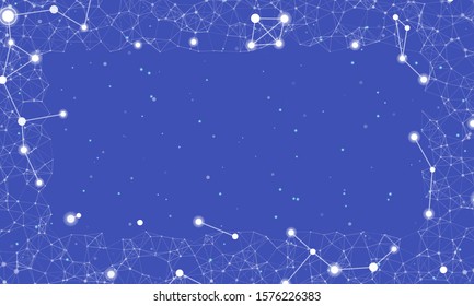 Abstract futuristic frame on the technology of white molecules with dots and lines on a  indigo background. In the foreground are large constellations of shining stars