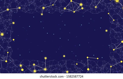 Abstract futuristic frame on the technology of yellow molecules with dots and lines on a  dark blue background. In the foreground are large shining figures