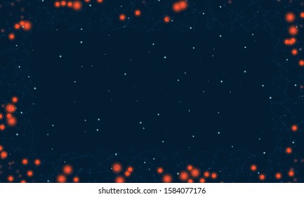 Abstract futuristic frame on the technology of molecules with dots and lines on a  dark blue background with some. With several orange luminous elements. Digital Technology Concept Vector Design
