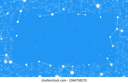 Abstract futuristic frame on the technology of white molecules with dots and lines on a  blue background. In the foreground are large shining figures
