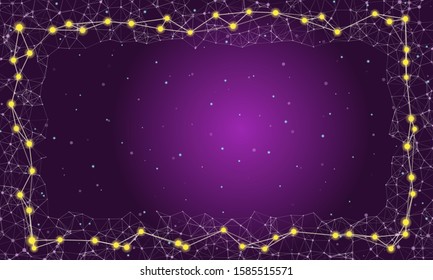 Abstract futuristic frame on the technology of yellow molecules with dots and lines on a  purple background with some. Digital Technology Concept Vector Design