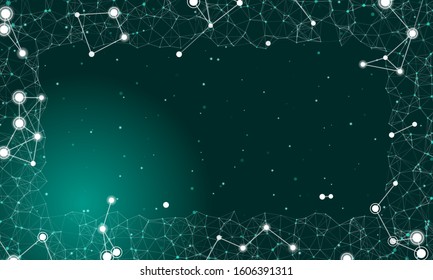 Abstract futuristic frame on the technology of white molecules with dots and lines on a  teal background. In the foreground are large constellations of shining stars