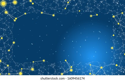 Abstract futuristic frame on the technology of yellow molecules with dots and lines on a  blue background. In the foreground are large constellations of shining stars