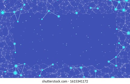 Abstract futuristic frame on the technology of light blue molecules with dots and lines on a  indigo background. In the foreground are large constellations of shining stars