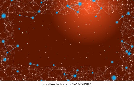 Abstract futuristic frame on the technology of light blue molecules with dots and lines on a  deep orange background. In the foreground are large constellations of shining stars