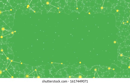 Abstract futuristic frame on the technology of yellow molecules with dots and lines on a  green background. In the foreground are large constellations of shining stars