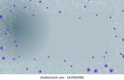 Abstract futuristic frame on the technology of deep purple molecules with dots and lines on a  blue grey background. In the foreground are large constellations of shining stars