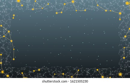 Abstract futuristic frame on the technology of amber molecules with dots and lines on a  blue grey background. In the foreground are large constellations of shining stars