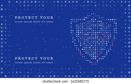 Abstract futuristic frame on the technology of white dots and circles. On the right is a protective shield filled with dots, some of them are highlighted. Vector illustration on blue background