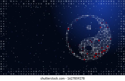 Abstract futuristic frame on the technology of white dots and circles. On the right is the yin yang symbol filled with bright dots. Vector illustration on blue background with stars