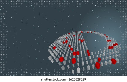 Abstract futuristic frame on the technology of white dots and circles. On the right is a half circle filled with dots. Vector illustration on blue grey background with stars