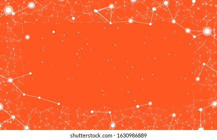 Abstract futuristic frame on the technology of white molecules with dots and lines on a  deep orange background. In the foreground are large constellations of shining stars