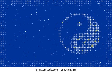 Abstract futuristic frame on the technology of white dots and circles. On the right is the yin yang symbol filled with bright dots. Vector illustration on blue background with stars