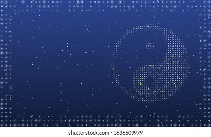 Abstract futuristic frame on the technology of white dots and circles. On the right is the yin yang symbol filled with bright dots. Vector illustration on blue background with stars