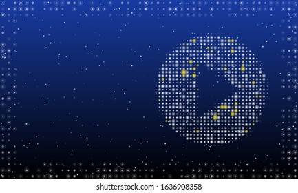 Abstract futuristic frame on the technology of white dots and circles. Right - play icon filled with bright dots. Vector illustration on blue background with stars