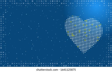 Abstract futuristic frame on the technology of white dots and circles. To the right is a dotted heart. Vector illustration on blue background with stars