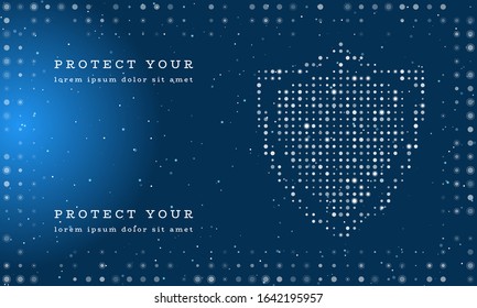 Abstract futuristic frame on the technology of white molecules with dots and circles. On the right is a protective shield filled with dots, some of them are highlighted. Vector illustration