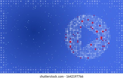 Abstract futuristic frame on the technology of white dots and circles. Right - play icon filled with bright dots. Vector illustration on blue background with stars