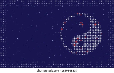 Abstract futuristic frame on the technology of white dots and circles. On the right is the yin yang symbol filled with bright dots. Vector illustration on dark blue background with stars