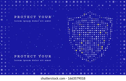Abstract futuristic frame on the technology of white molecules with dots and circles. On the right the protect shield filled with white dots. Vector illustration on blue background with stars