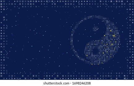 Abstract futuristic frame on the technology of white dots and circles. On the right is the yin yang symbol filled with bright dots. Vector illustration on blue background with stars