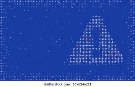 Abstract futuristic frame on the technology of white dots and circles. Right - an danger symbol filled with bright dots. Vector illustration on blue background with stars